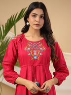 Juniper Fuchsia Floral Embroidered Cotton Dobby Tiered Maxi Dress With Kaudis & Colourful Tassels | Grocsy