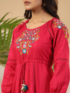 Juniper Fuchsia Floral Embroidered Cotton Dobby Tiered Maxi Dress With Kaudis & Colourful Tassels | Grocsy