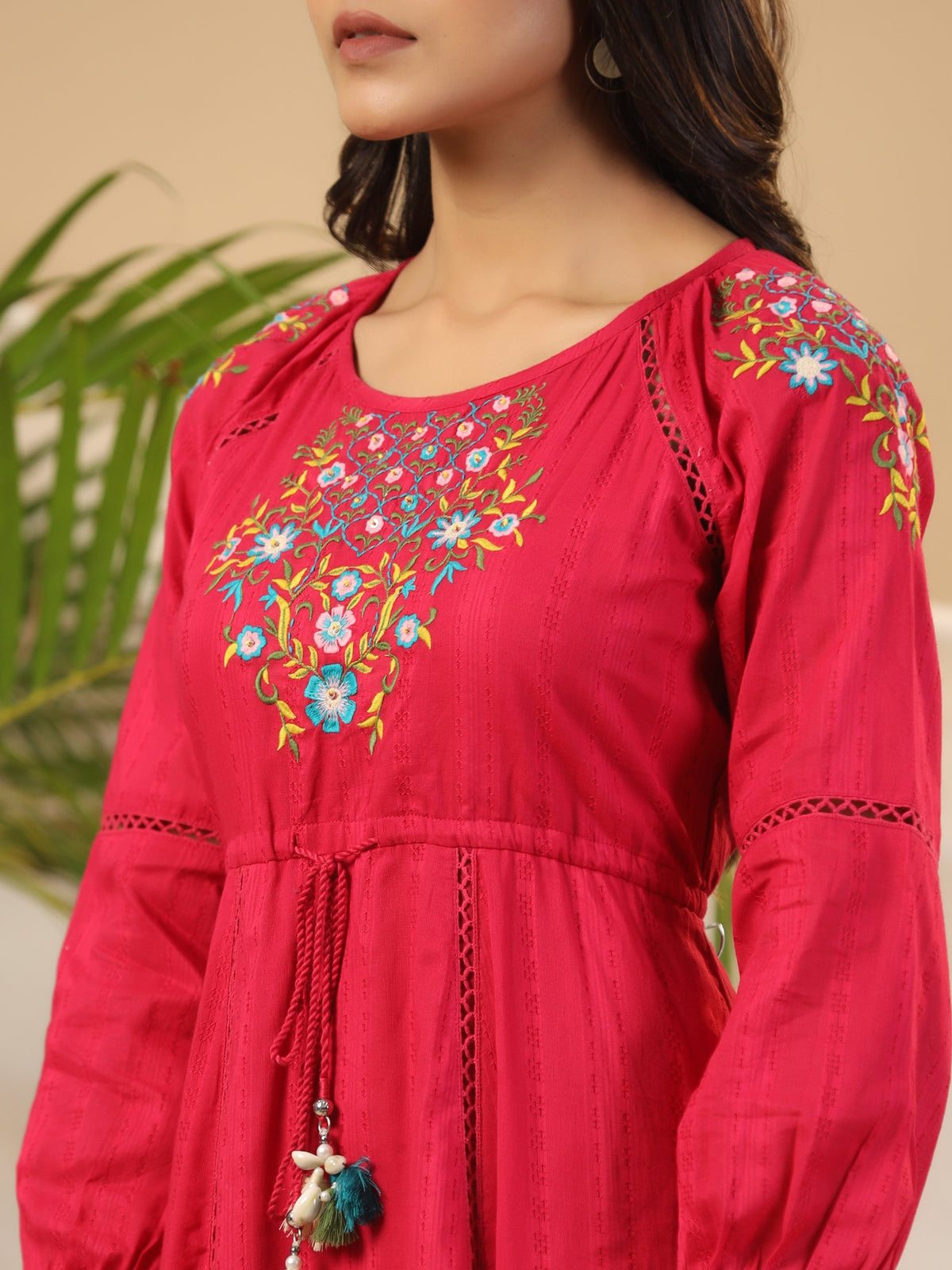 Juniper Fuchsia Floral Embroidered Cotton Dobby Tiered Maxi Dress With Kaudis & Colourful Tassels | Grocsy