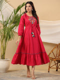 Juniper Fuchsia Floral Embroidered Cotton Dobby Tiered Maxi Dress With Kaudis & Colourful Tassels | Grocsy