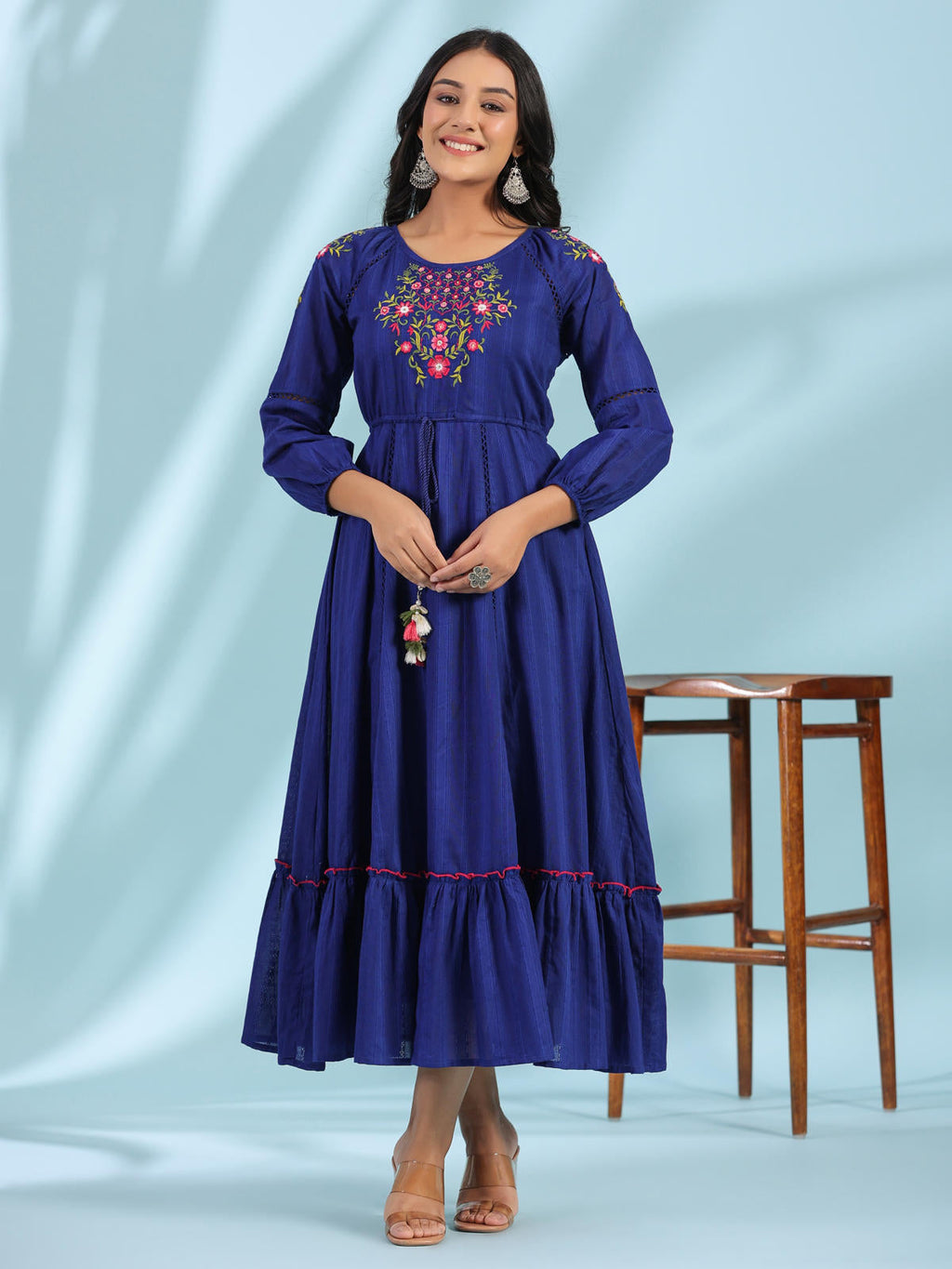 Juniper Women's Indigo Floral Embroidered Cotton Dobby Tiered Maxi Dress With Kaudis & Colourful Tassels | Grocsy