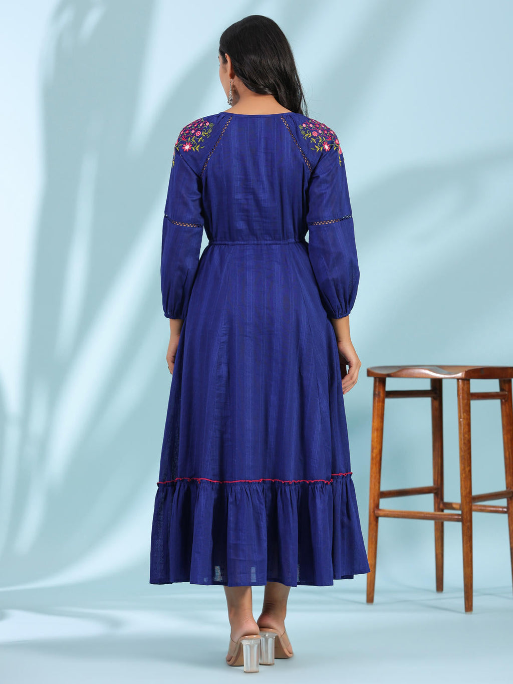 Juniper Women's Indigo Floral Embroidered Cotton Dobby Tiered Maxi Dress With Kaudis & Colourful Tassels | Grocsy