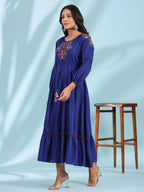 Juniper Women's Indigo Floral Embroidered Cotton Dobby Tiered Maxi Dress With Kaudis & Colourful Tassels | Grocsy