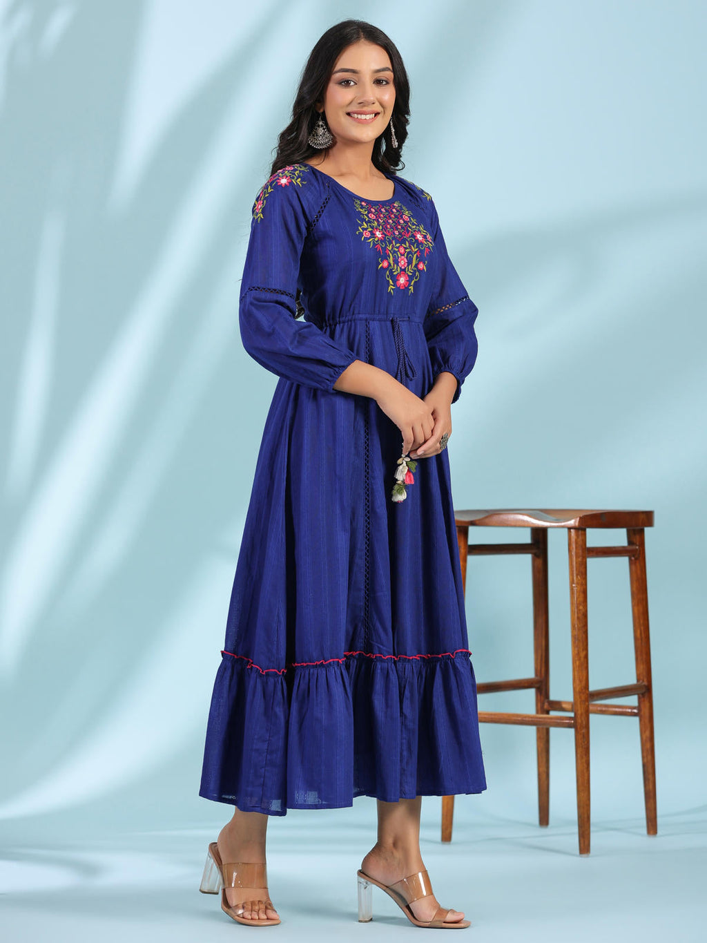 Juniper Women's Indigo Floral Embroidered Cotton Dobby Tiered Maxi Dress With Kaudis & Colourful Tassels | Grocsy