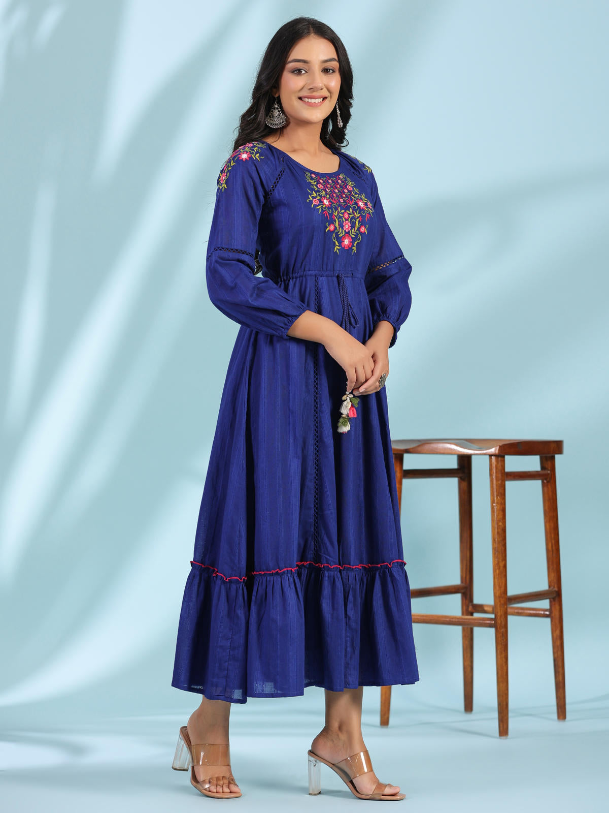Juniper Women's Indigo Floral Embroidered Cotton Dobby Tiered Maxi Dress With Kaudis & Colourful Tassels | Grocsy