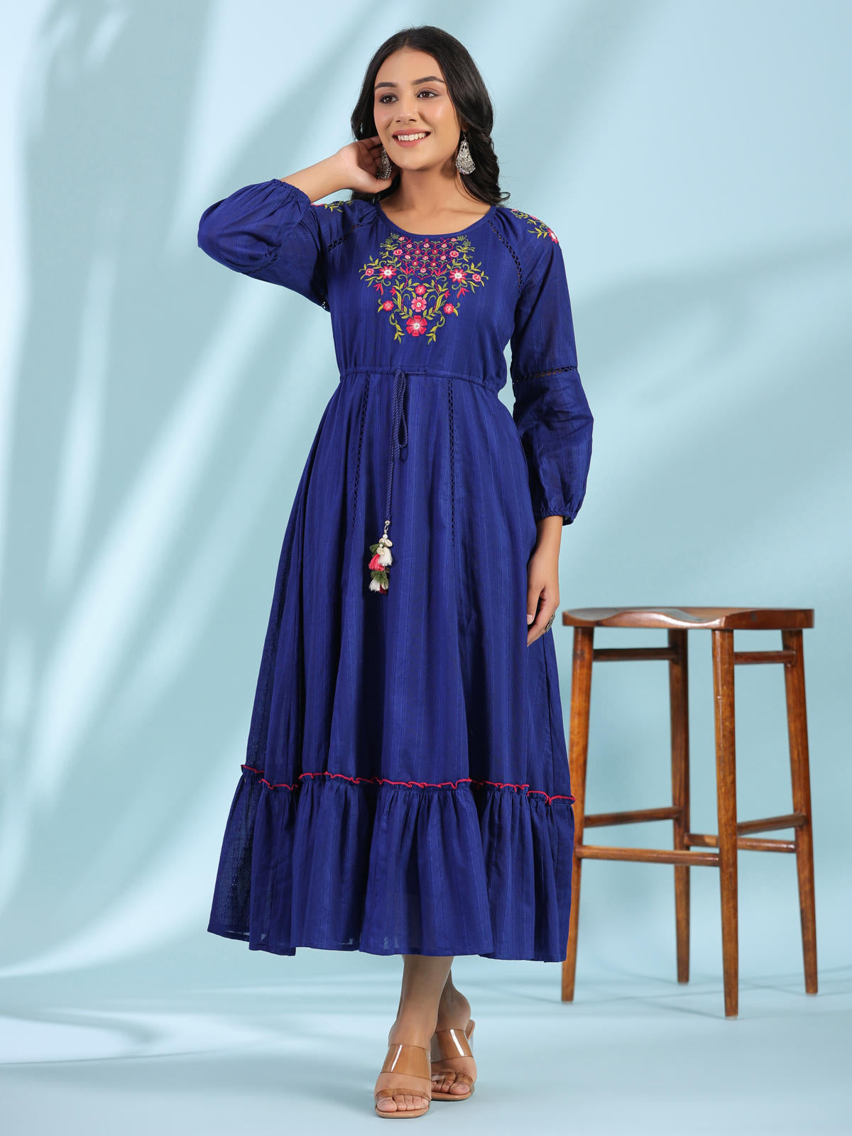 Juniper Women's Indigo Floral Embroidered Cotton Dobby Tiered Maxi Dress With Kaudis & Colourful Tassels | Grocsy