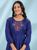 Juniper Women's Indigo Floral Embroidered Cotton Dobby Tiered Maxi Dress With Kaudis & Colourful Tassels | Grocsy
