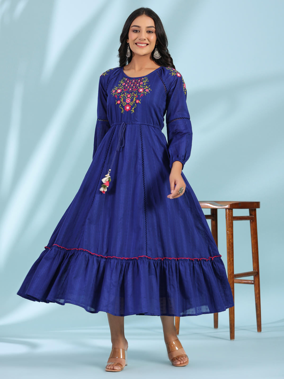 Juniper Women's Indigo Floral Embroidered Cotton Dobby Tiered Maxi Dress With Kaudis & Colourful Tassels | Grocsy