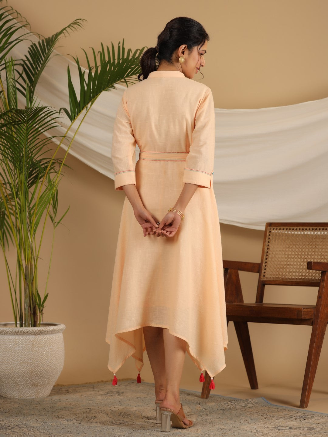 Juniper Peach Fit & Flare Belted Asymmetrical Maxi Dress With Floral Thread Embroidery | Grocsy