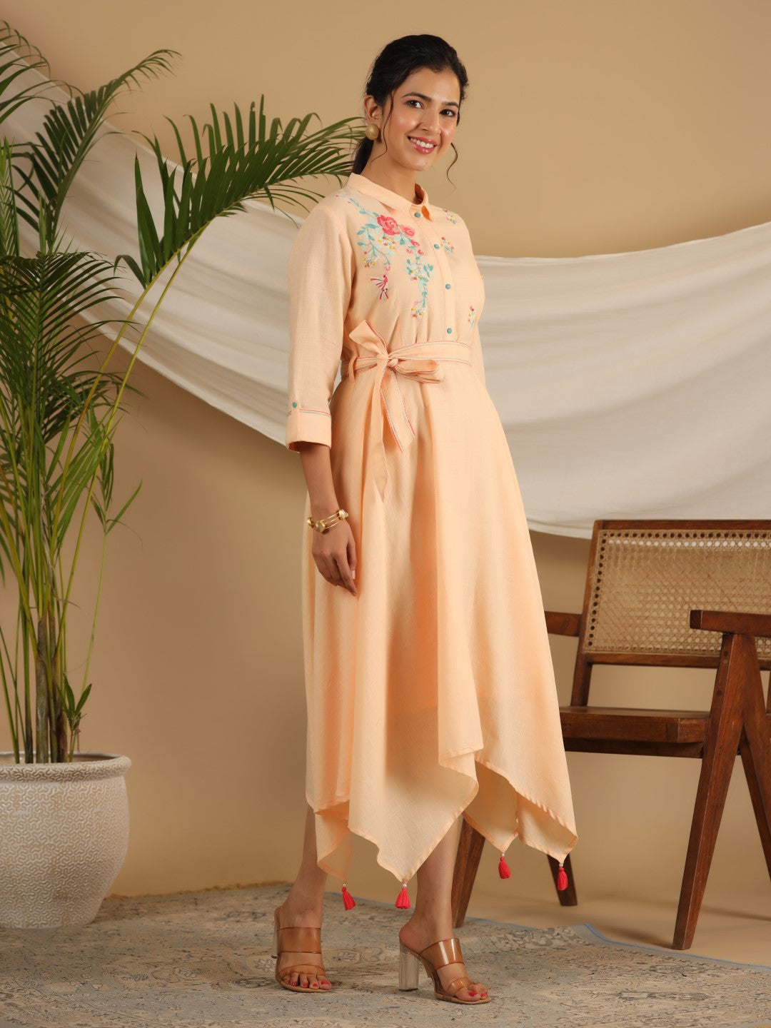 Juniper Peach Fit & Flare Belted Asymmetrical Maxi Dress With Floral Thread Embroidery | Grocsy