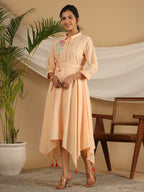 Juniper Peach Fit & Flare Belted Asymmetrical Maxi Dress With Floral Thread Embroidery | Grocsy
