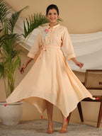 Juniper Peach Fit & Flare Belted Asymmetrical Maxi Dress With Floral Thread Embroidery | Grocsy