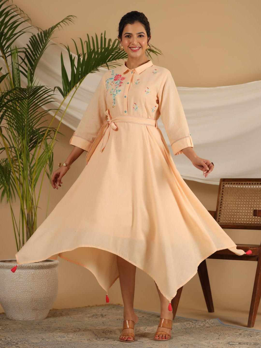Juniper Peach Fit & Flare Belted Asymmetrical Maxi Dress With Floral Thread Embroidery | Grocsy