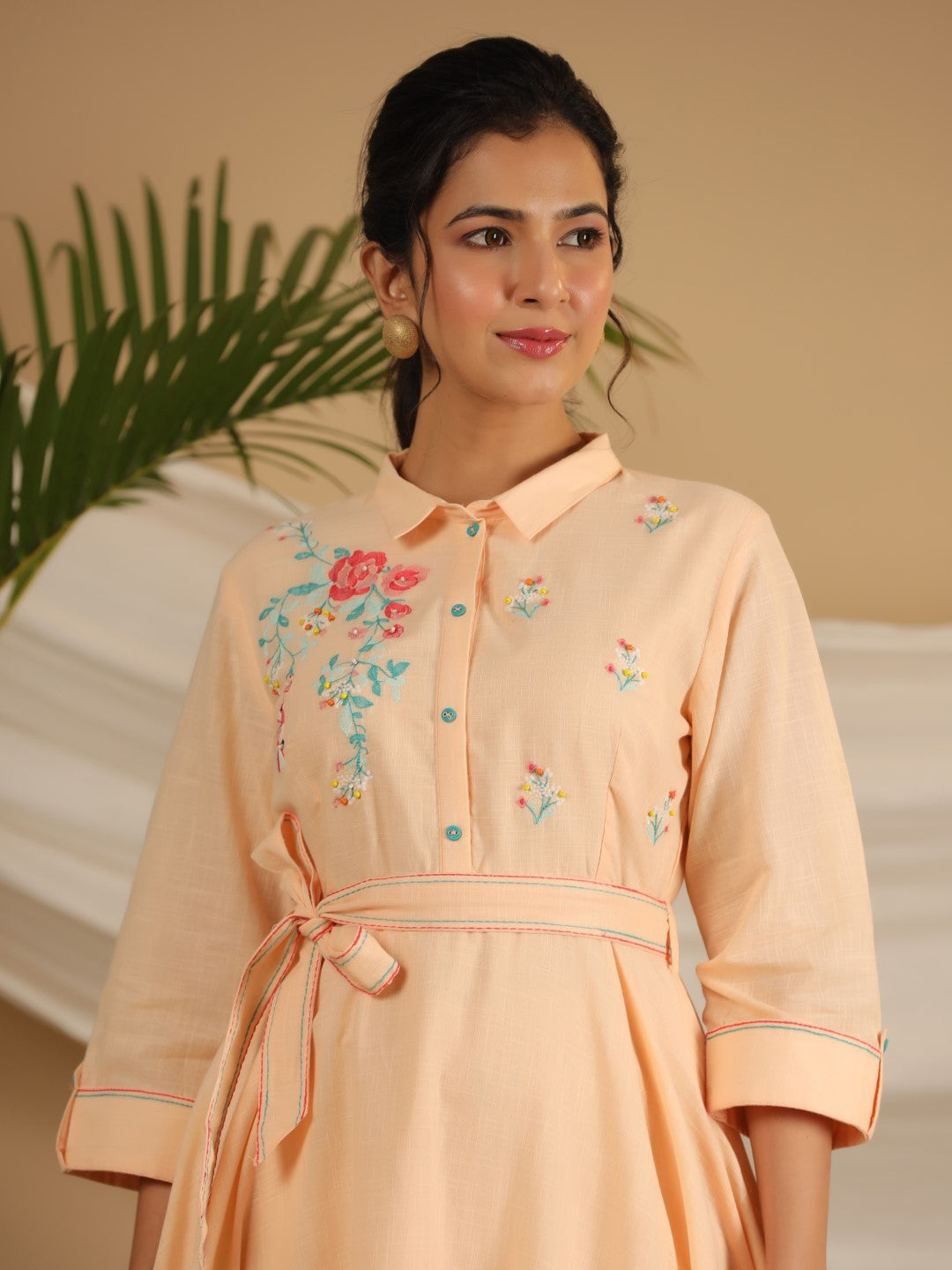 Juniper Peach Fit & Flare Belted Asymmetrical Maxi Dress With Floral Thread Embroidery | Grocsy
