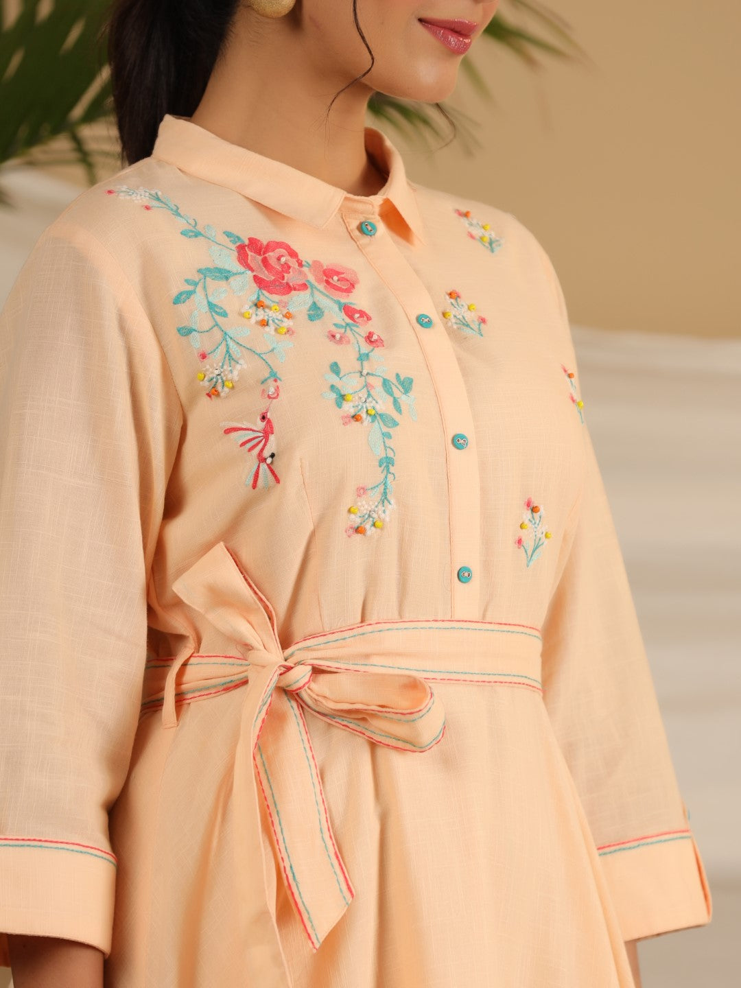 Juniper Peach Fit & Flare Belted Asymmetrical Maxi Dress With Floral Thread Embroidery | Grocsy