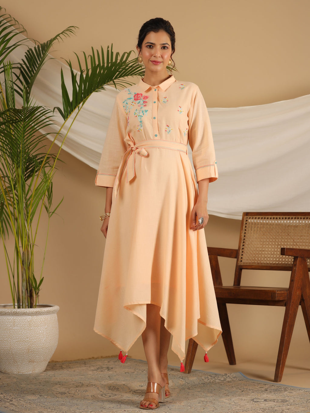 Juniper Peach Fit & Flare Belted Asymmetrical Maxi Dress With Floral Thread Embroidery | Grocsy