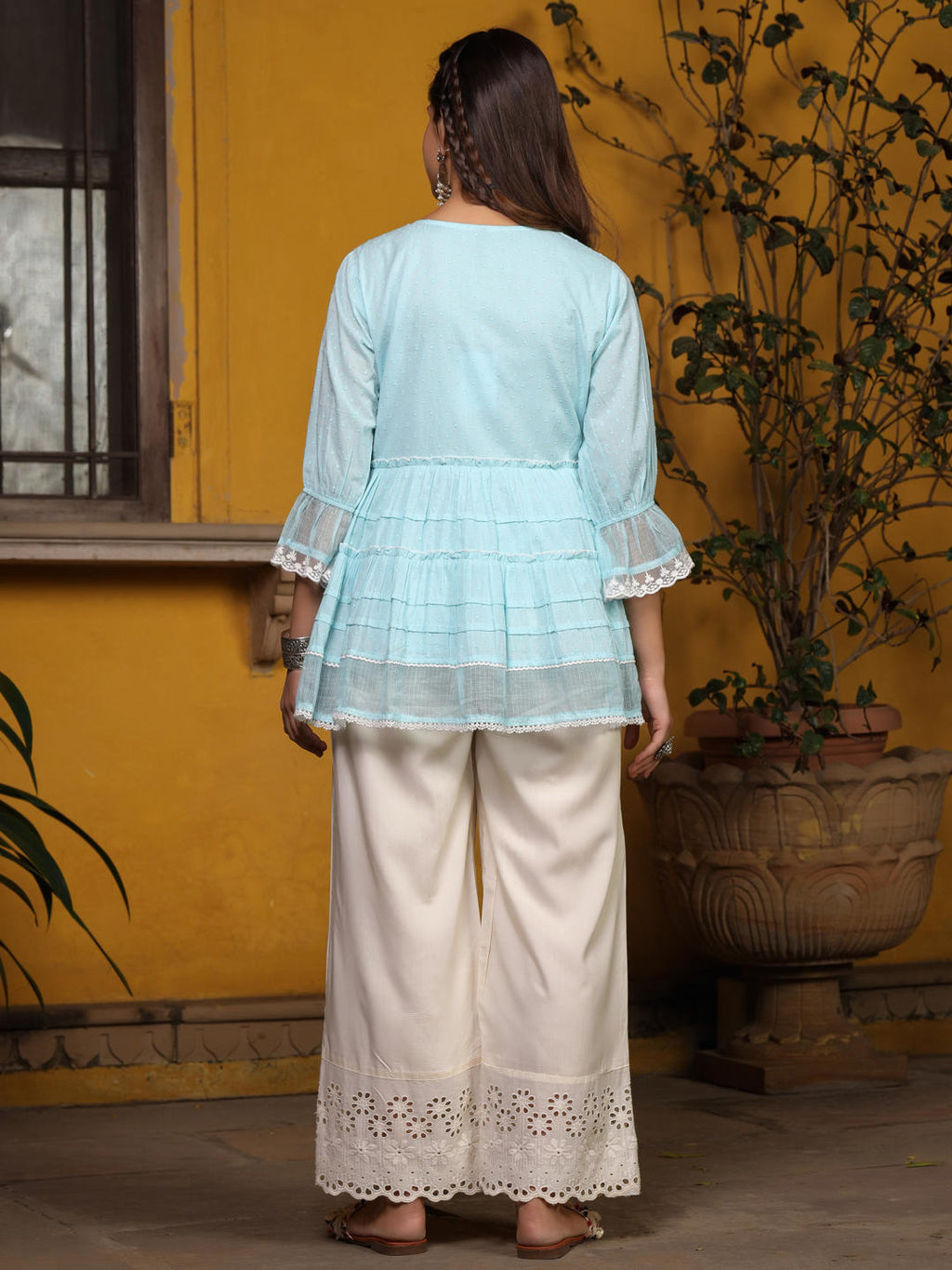 Juniper Sky Blue Solid Peplum Lacy Keyhole Neckline Tunic With Lining | Grocsy