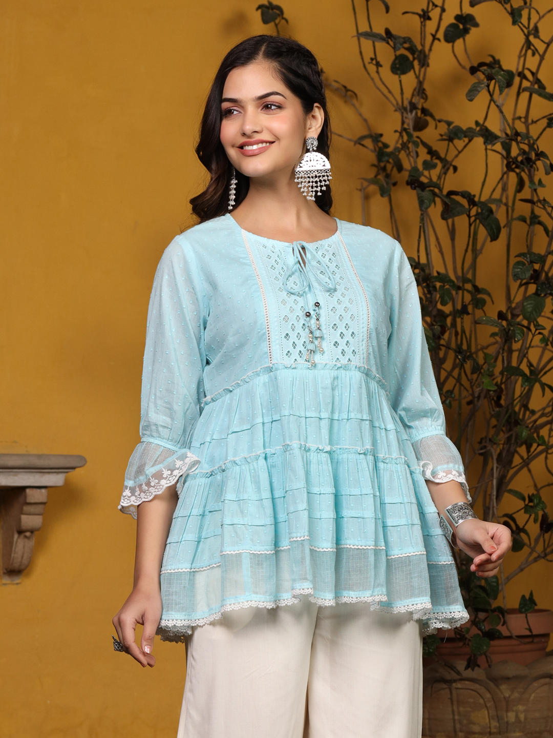 Juniper Sky Blue Solid Peplum Lacy Keyhole Neckline Tunic With Lining | Grocsy