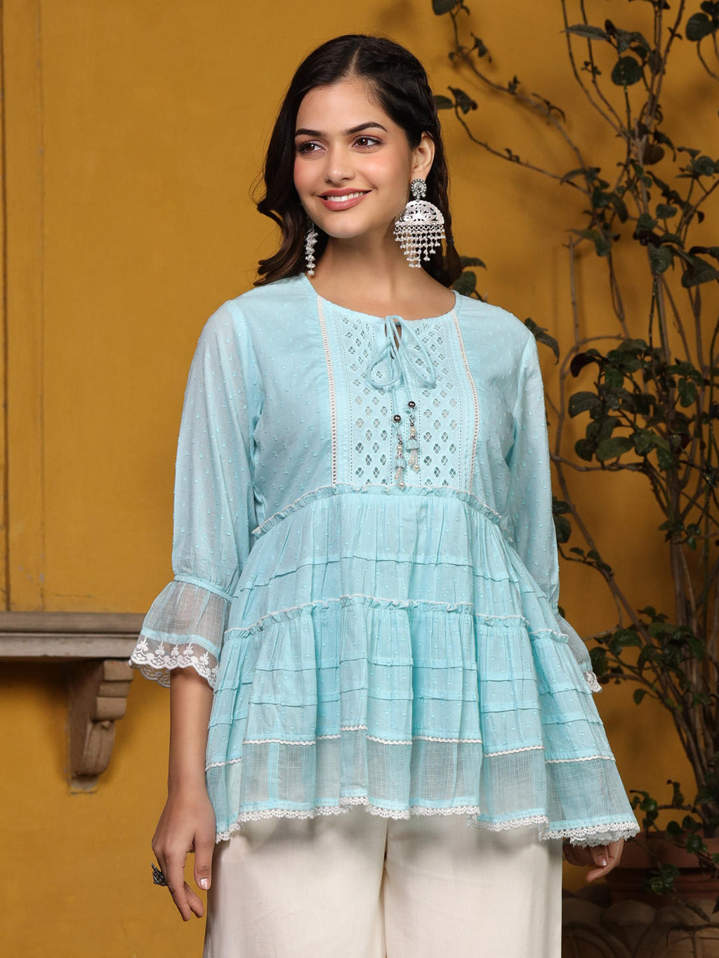 Juniper Sky Blue Solid Peplum Lacy Keyhole Neckline Tunic With Lining | Grocsy