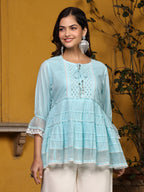Juniper Sky Blue Solid Peplum Lacy Keyhole Neckline Tunic With Lining | Grocsy