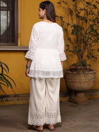 Juniper White Solid Peplum Lacy Keyhole Neckline Tunic With Lining | Grocsy