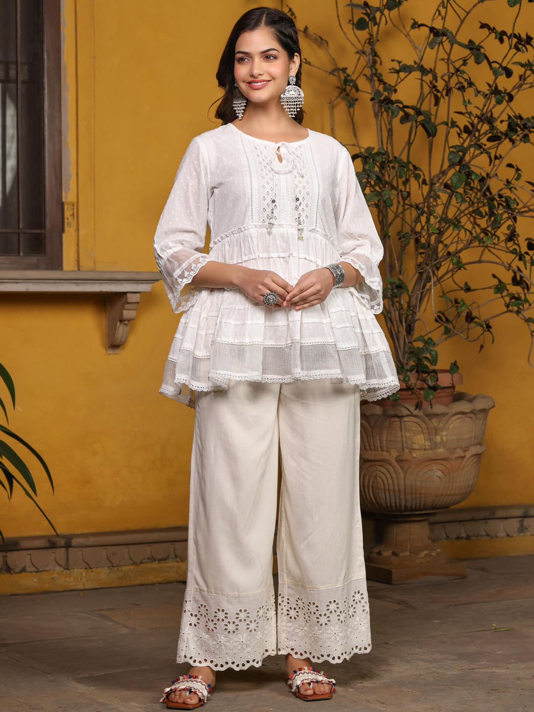 Juniper White Solid Peplum Lacy Keyhole Neckline Tunic With Lining | Grocsy