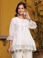 Juniper White Solid Peplum Lacy Keyhole Neckline Tunic With Lining | Grocsy