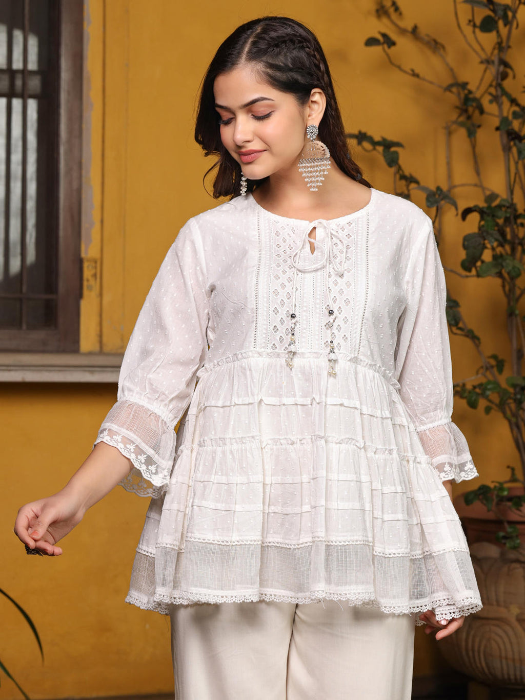 Juniper White Solid Peplum Lacy Keyhole Neckline Tunic With Lining | Grocsy