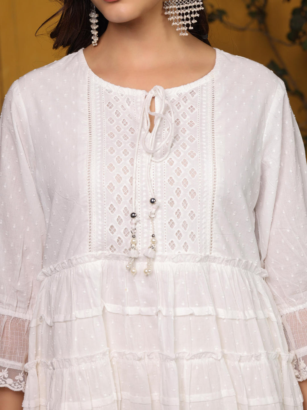 Juniper White Solid Peplum Lacy Keyhole Neckline Tunic With Lining | Grocsy