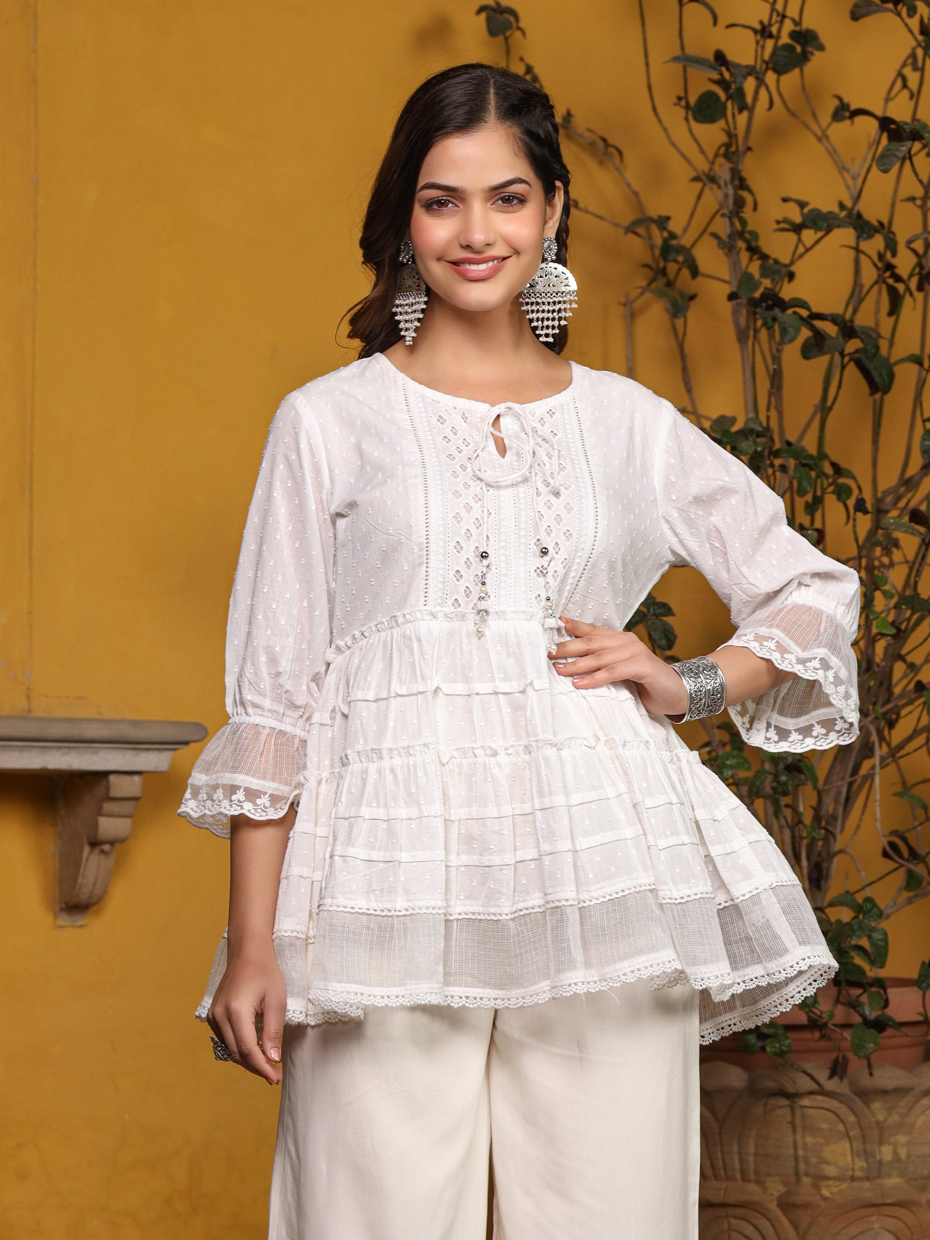 Juniper White Solid Peplum Lacy Keyhole Neckline Tunic With Lining | Grocsy