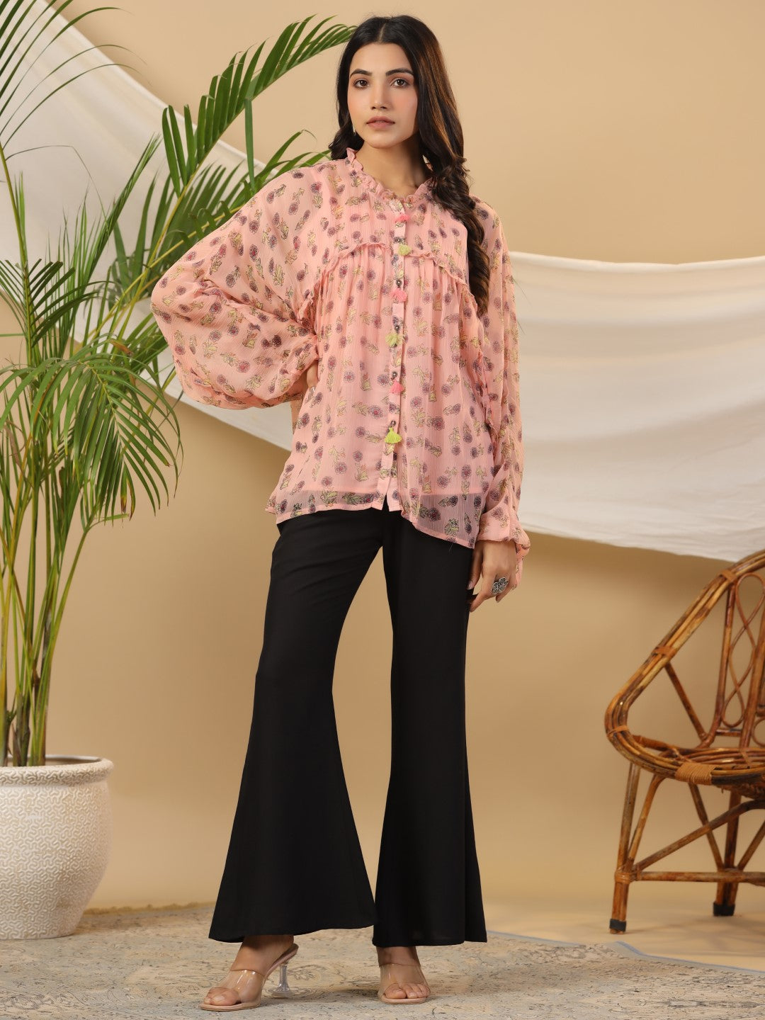 Juniper Peach Floral Printed Chiffon Tunic With Inner | Grocsy