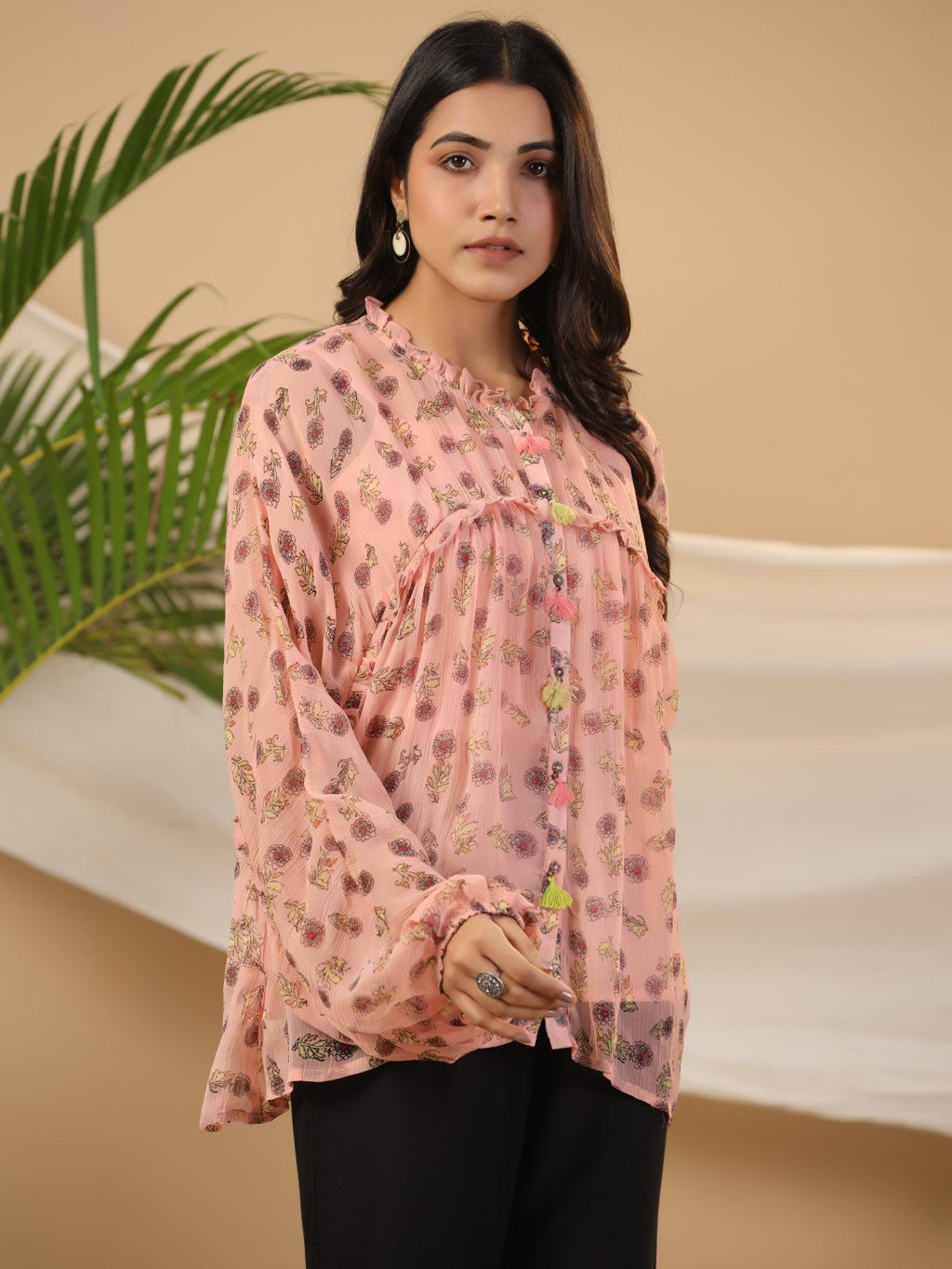 Juniper Peach Floral Printed Chiffon Tunic With Inner | Grocsy