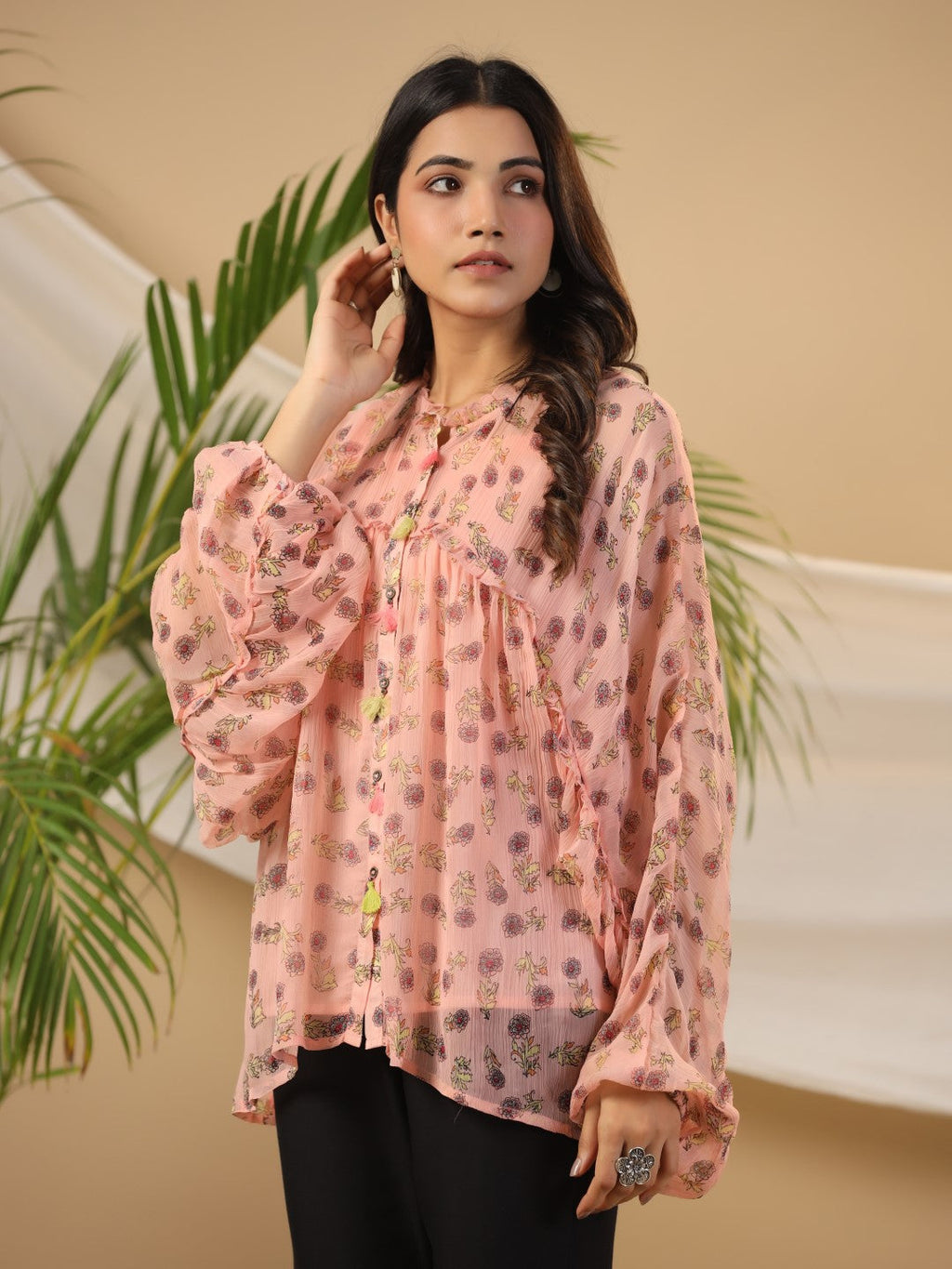 Juniper Peach Floral Printed Chiffon Tunic With Inner | Grocsy