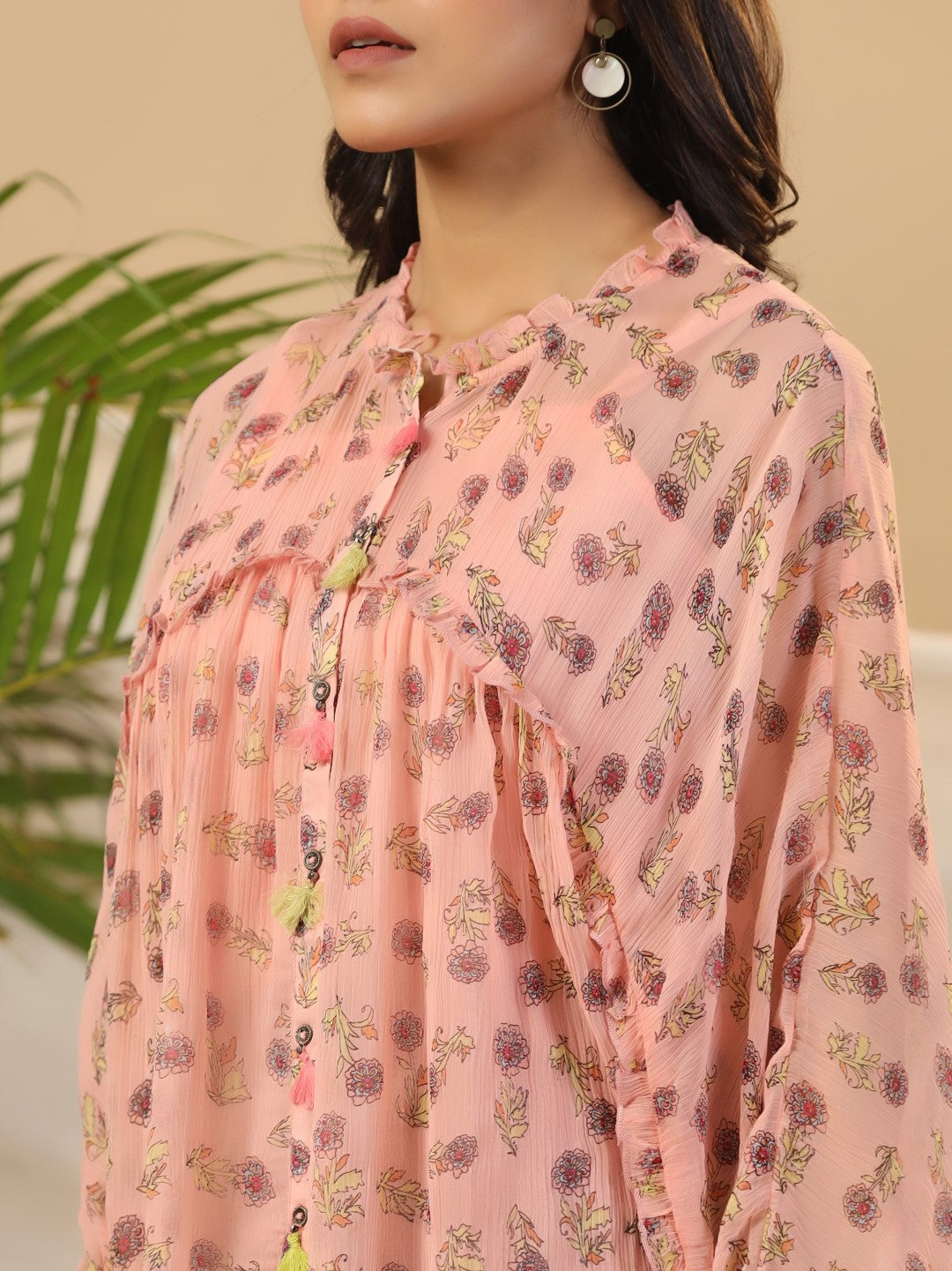 Juniper Peach Floral Printed Chiffon Tunic With Inner | Grocsy