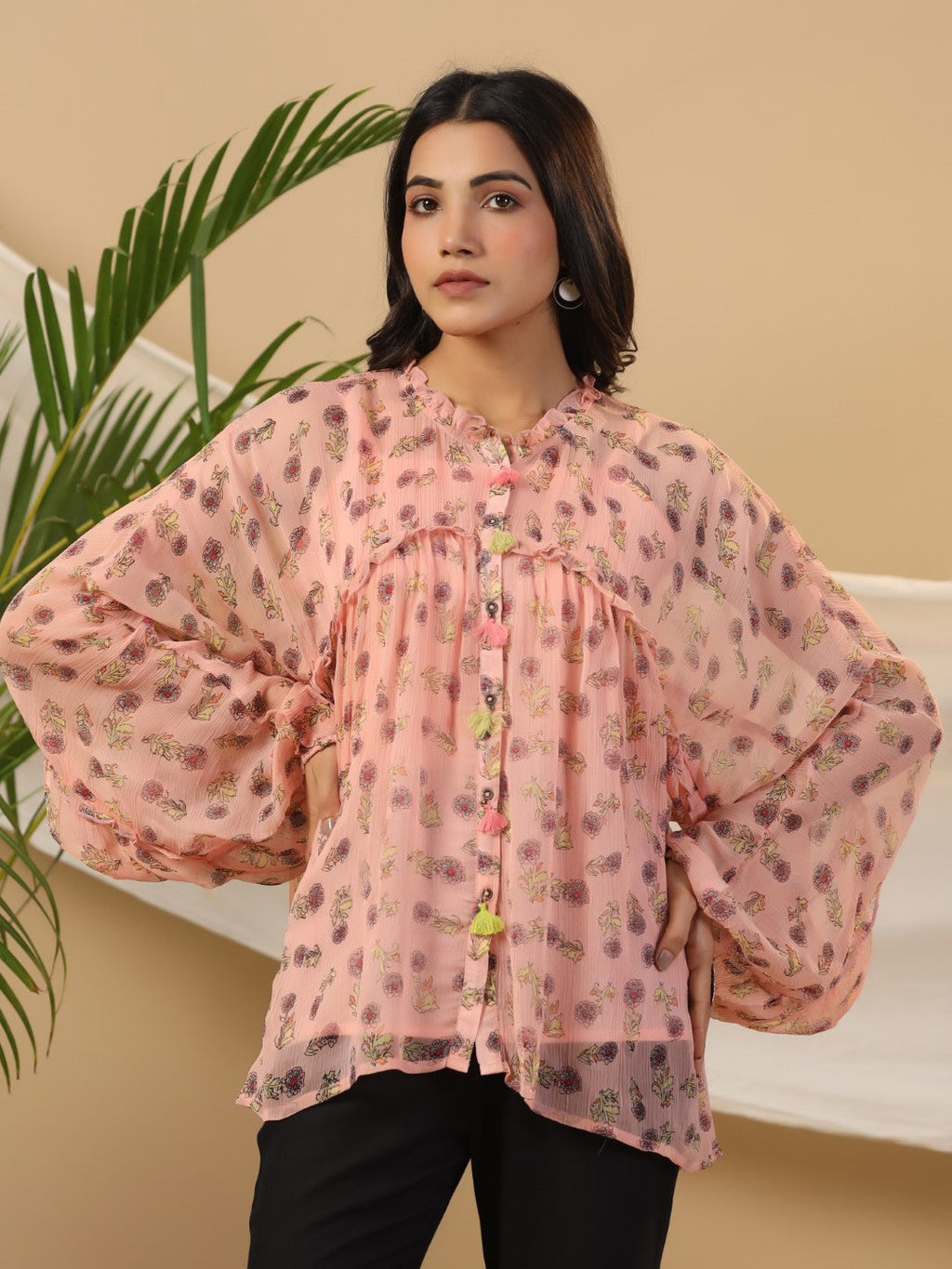 Juniper Peach Floral Printed Chiffon Tunic With Inner | Grocsy