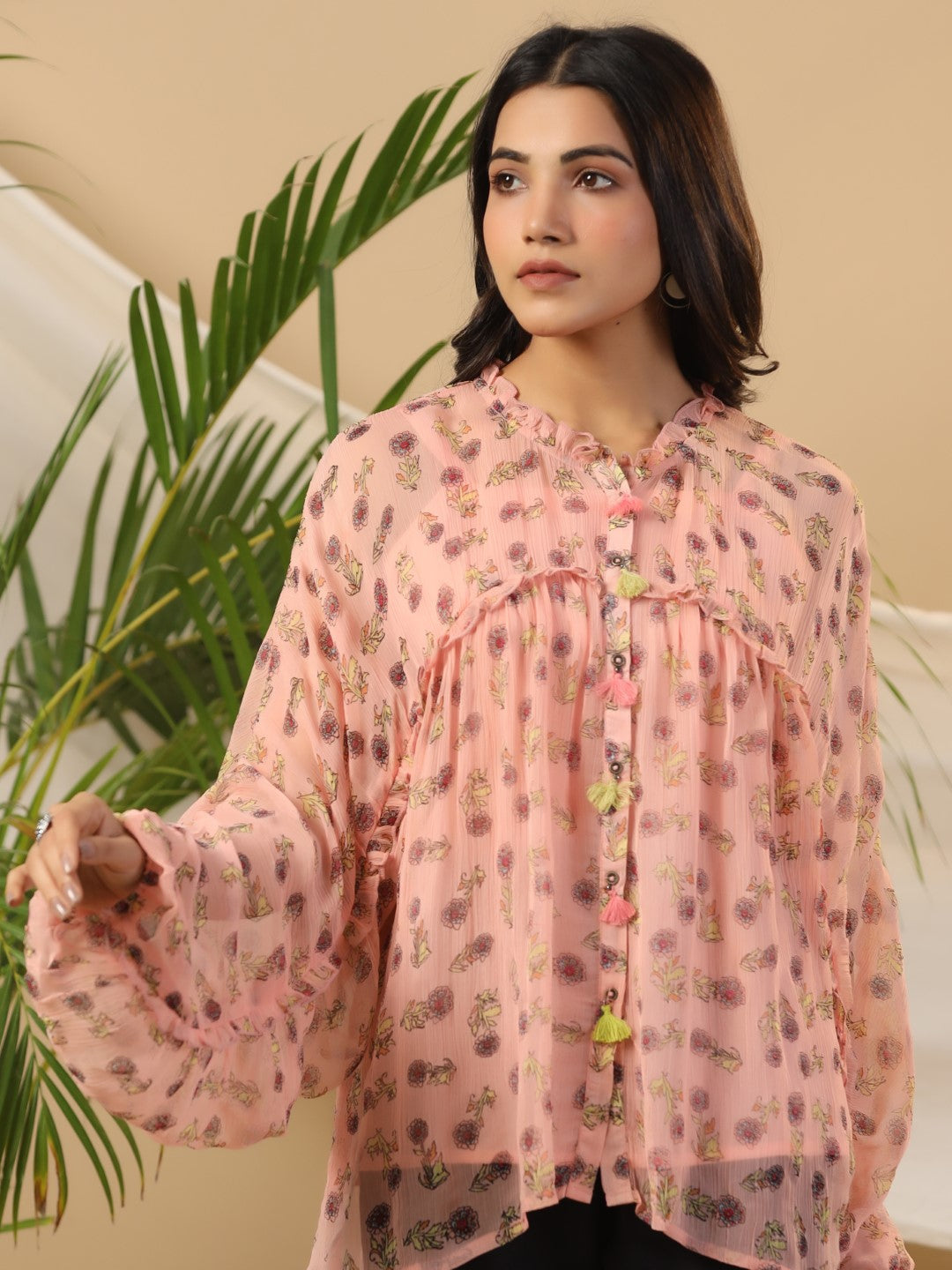 Juniper Peach Floral Printed Chiffon Tunic With Inner | Grocsy