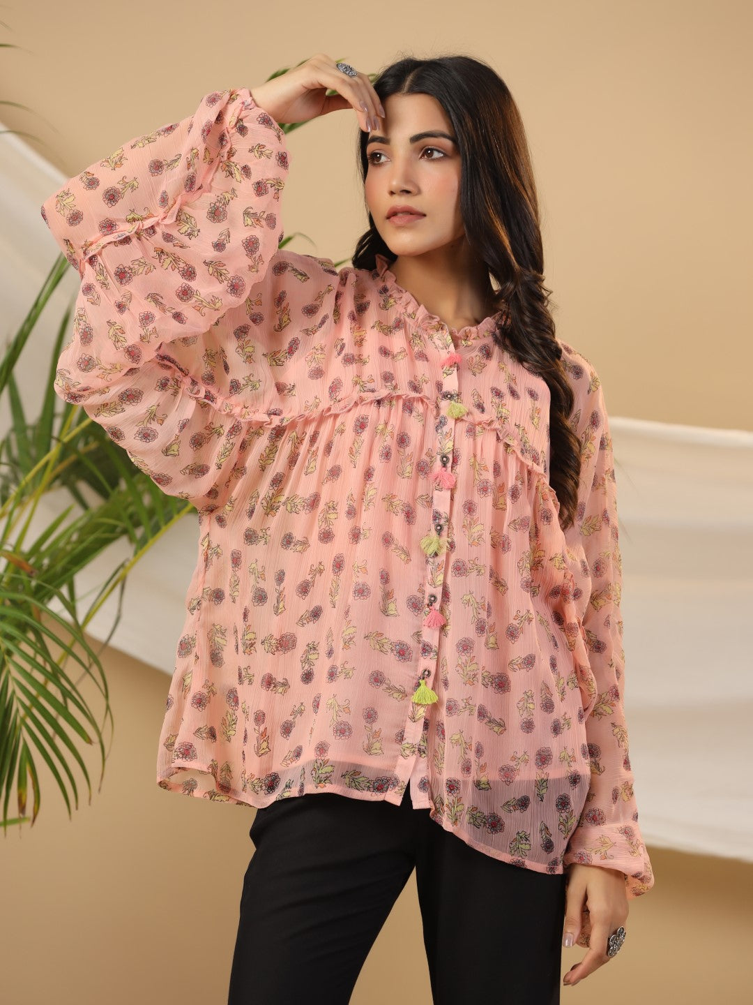 Juniper Peach Floral Printed Chiffon Tunic With Inner | Grocsy