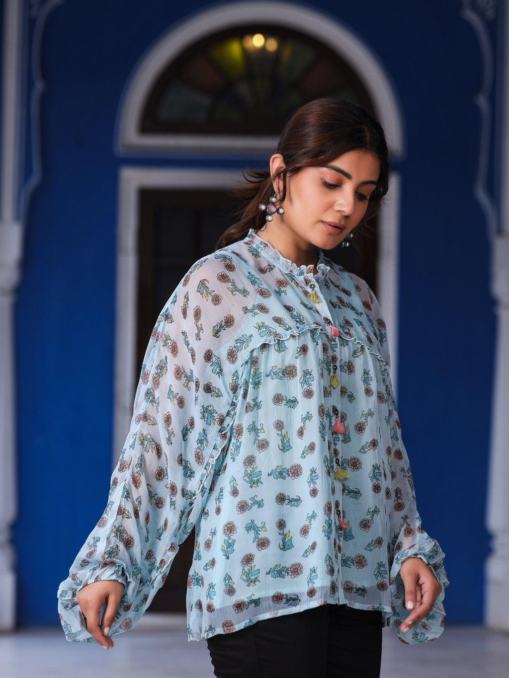 Juniper Sky Blue Chiffon Floral Printed Button Detailing Tunic With Inner | Grocsy