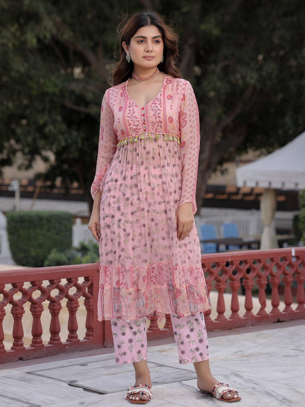Juniper Peach Floral Printed High Slit Lacy Chiffon Kurta With Pants Set (2-Pcs) | Grocsy