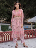 Juniper Peach Floral Printed High Slit Lacy Chiffon Kurta With Pants Set (2-Pcs) | Grocsy