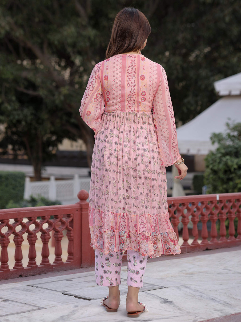 Juniper Peach Floral Printed High Slit Lacy Chiffon Kurta With Pants Set (2-Pcs) | Grocsy