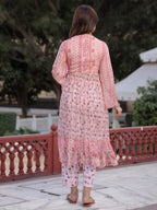 Juniper Peach Floral Printed High Slit Lacy Chiffon Kurta With Pants Set (2-Pcs) | Grocsy