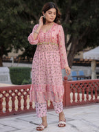 Juniper Peach Floral Printed High Slit Lacy Chiffon Kurta With Pants Set (2-Pcs) | Grocsy