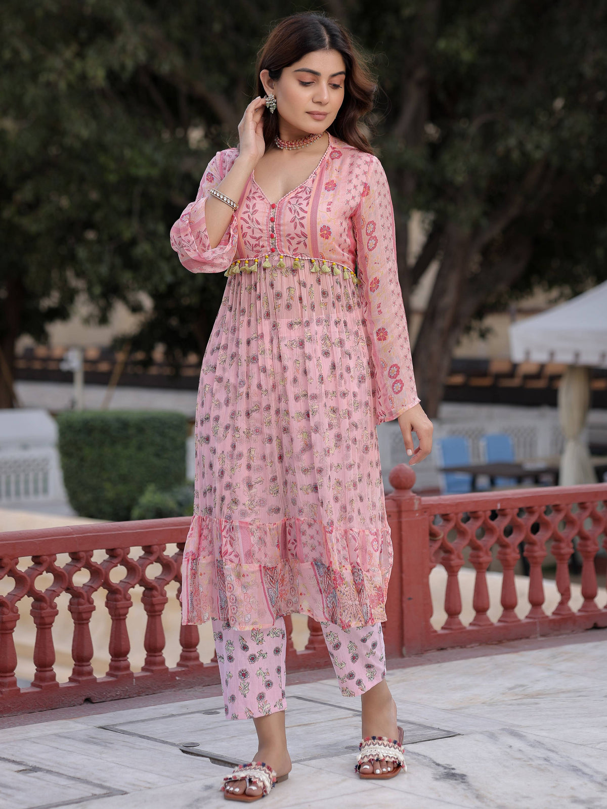 Juniper Peach Floral Printed High Slit Lacy Chiffon Kurta With Pants Set (2-Pcs) | Grocsy