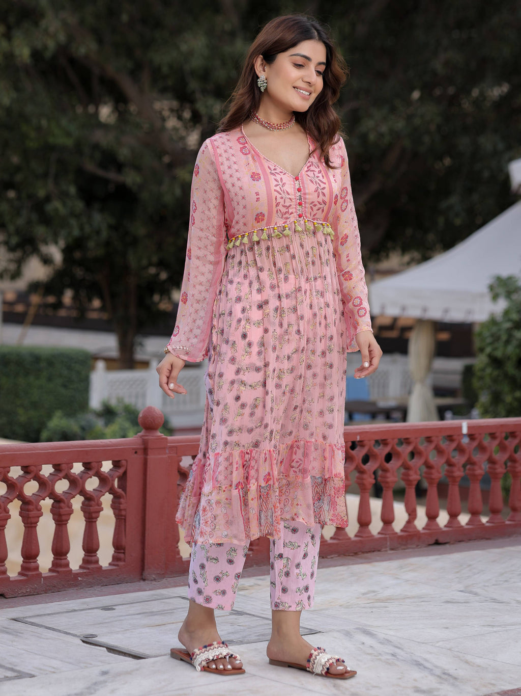 Juniper Peach Floral Printed High Slit Lacy Chiffon Kurta With Pants Set (2-Pcs) | Grocsy