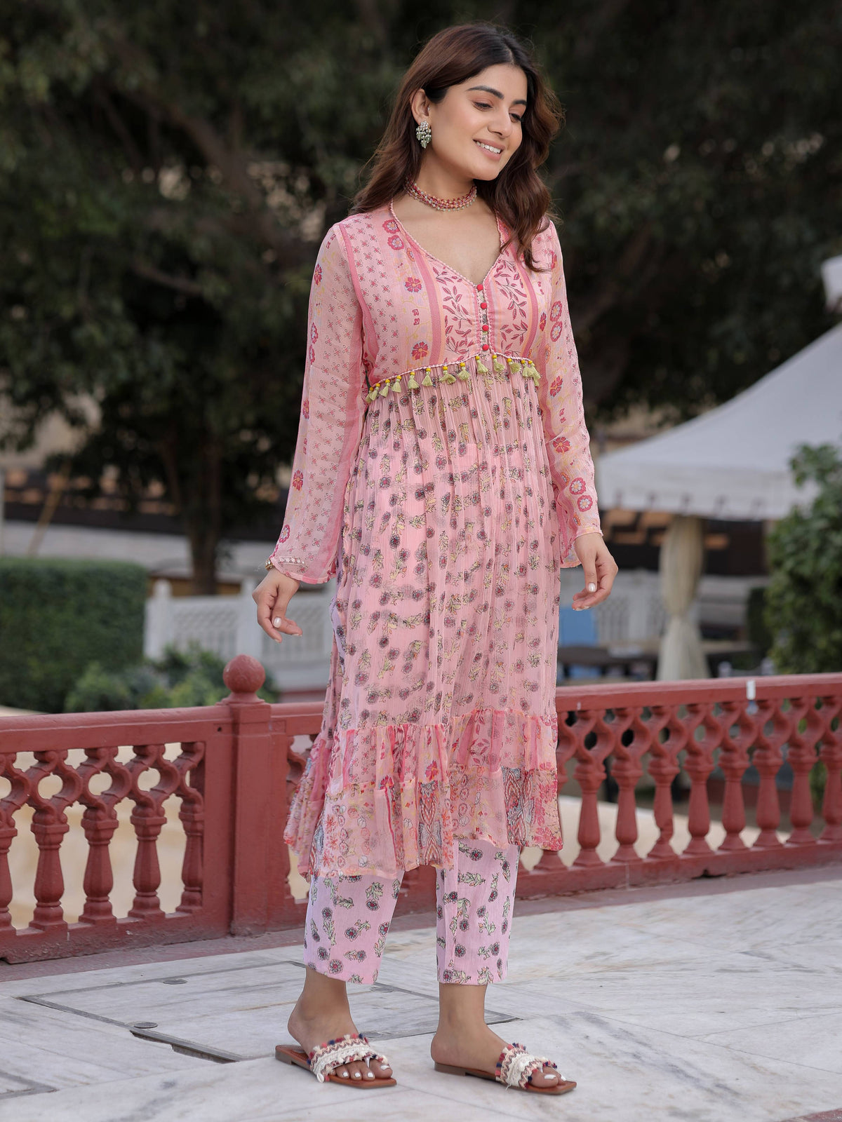 Juniper Peach Floral Printed High Slit Lacy Chiffon Kurta With Pants Set (2-Pcs) | Grocsy