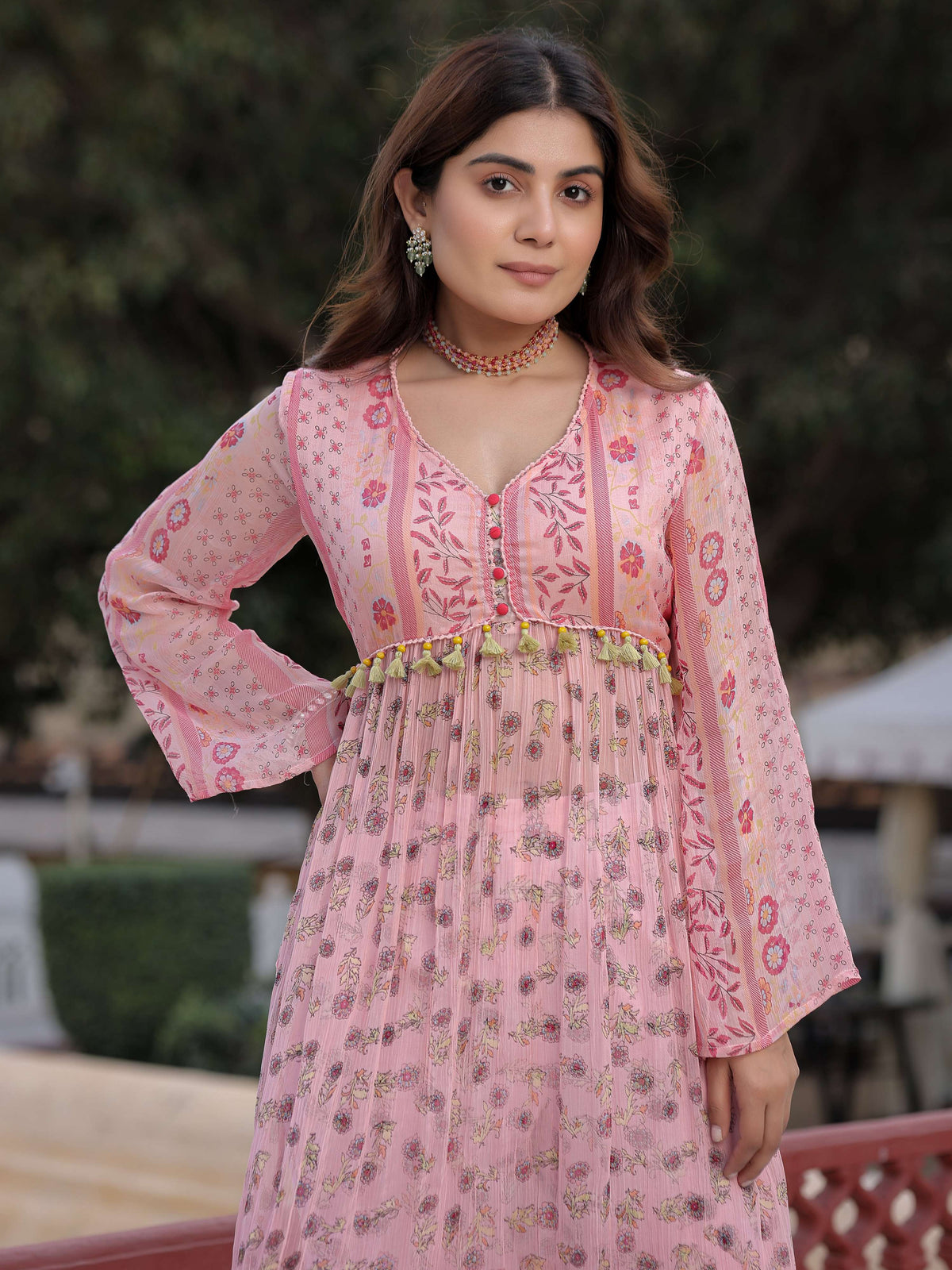 Juniper Peach Floral Printed High Slit Lacy Chiffon Kurta With Pants Set (2-Pcs) | Grocsy