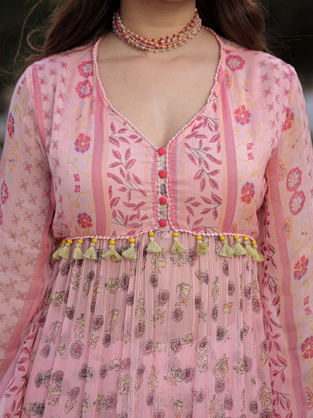 Juniper Peach Floral Printed High Slit Lacy Chiffon Kurta With Pants Set (2-Pcs) | Grocsy