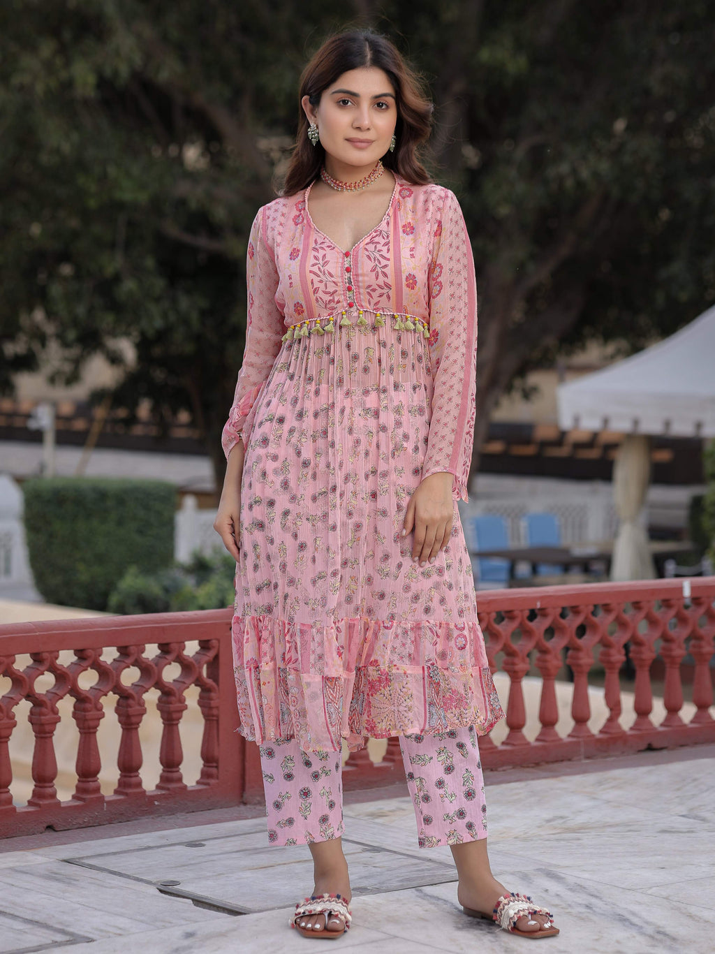 Juniper Peach Floral Printed High Slit Lacy Chiffon Kurta With Pants Set (2-Pcs) | Grocsy
