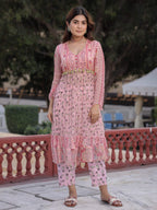 Juniper Peach Floral Printed High Slit Lacy Chiffon Kurta With Pants Set (2-Pcs) | Grocsy